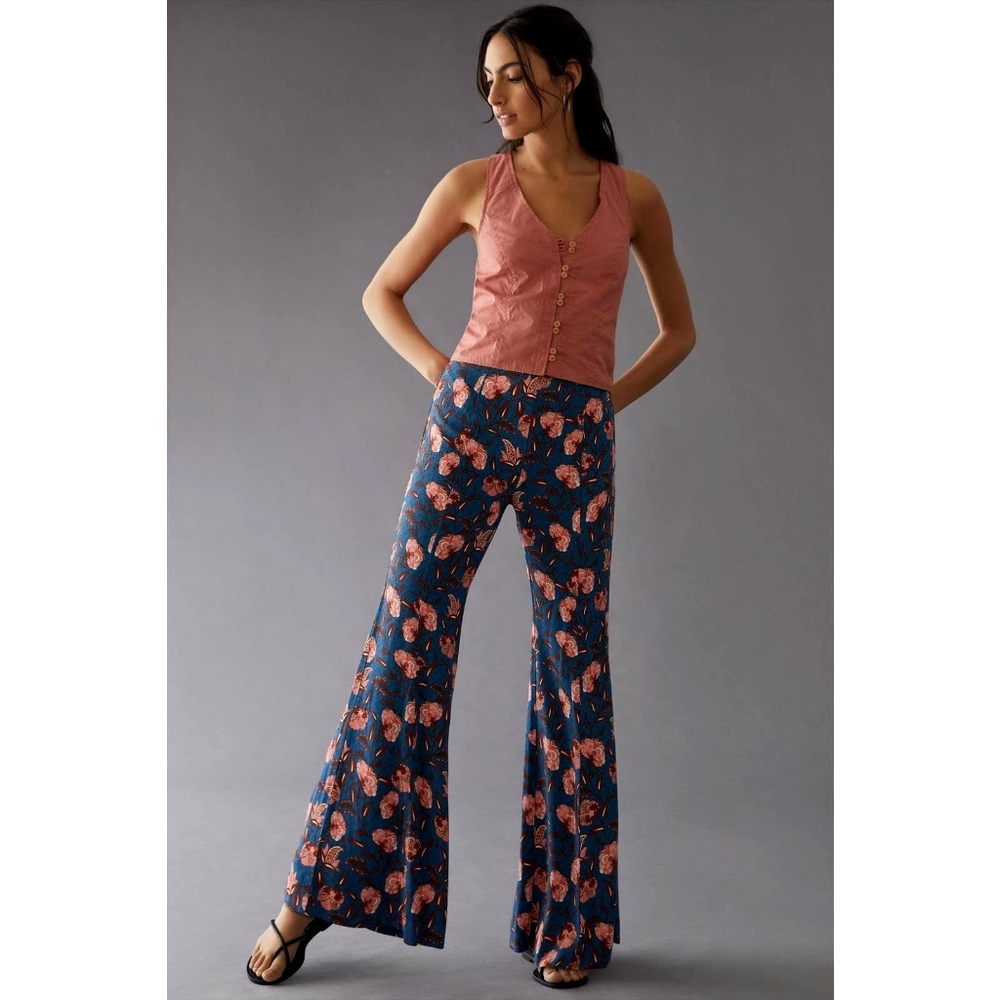 Anthropologie Blue and Pink Drapey Floral Flare Pants - Size 0
